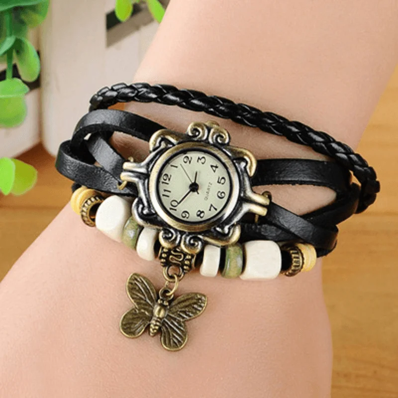 Women Casual Vintage Multilayer Butterfly Faux Leather Bracelet Quartz WatchEveryday bra