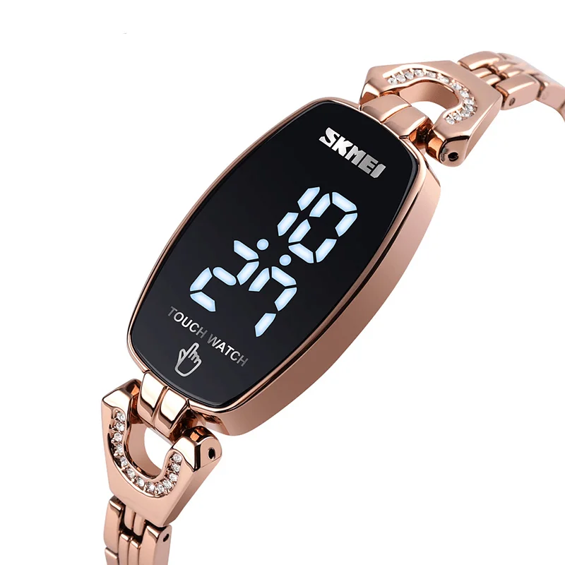 SKMEI 1588 Diamond Rectangle Dial Ladies Bracelet Watch Full Steel Touch Screen Digital WatchSlimming bra