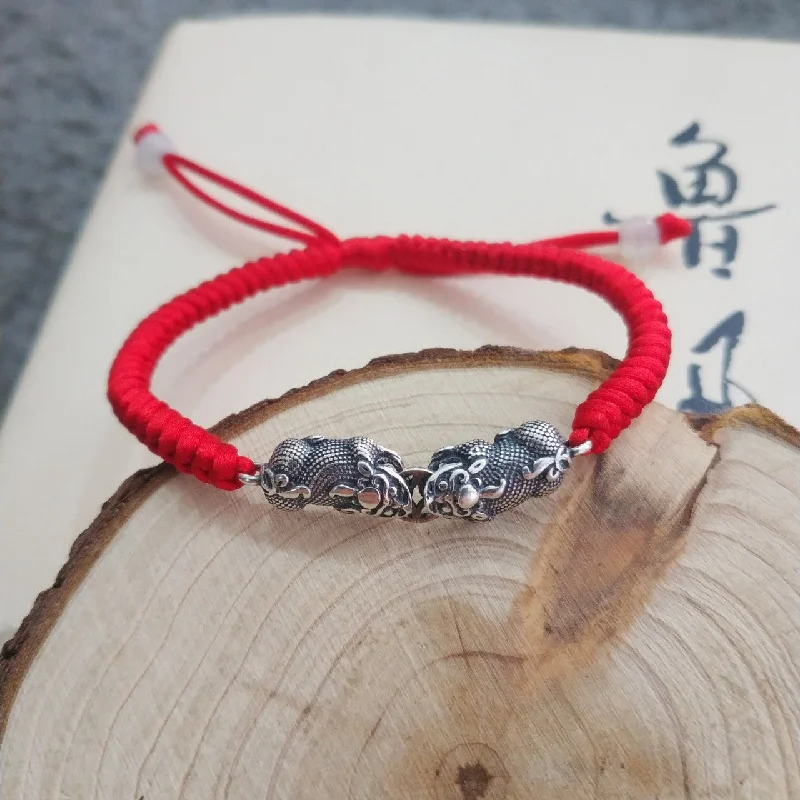 925 Sterling Silver Bitten Coin Double Pixiu Red String BraceletRetro bra