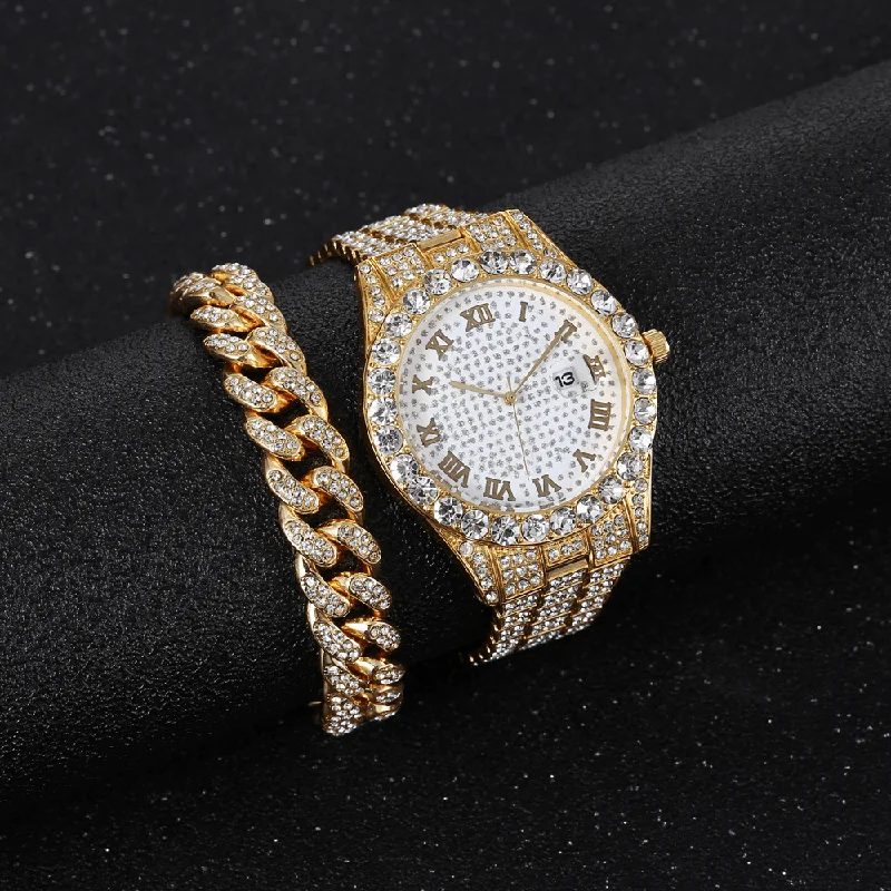 Alloy Hip Hop Luxury 2 PCS Hip-Hop Chain Full Diamond Watch Bracelet Lady Quartz WatchLingerie bra