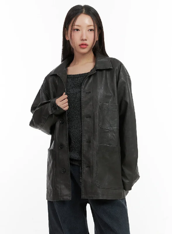 Rain JacketsButtoned Faux Leather Jacket CO417