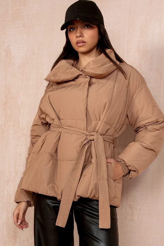 Pocketed JacketsLarisa Camel Belted Puffer Jacket