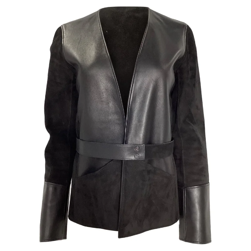 Waterproof JacketsHermès Collarless Jacket with Belt in Black Leather and Suede