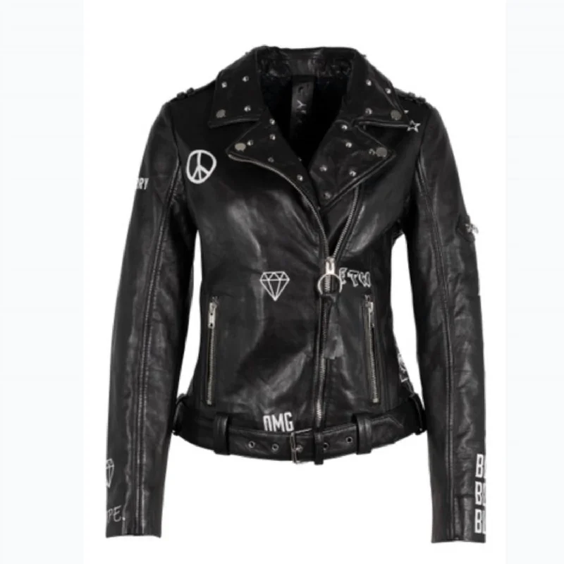 Cultural JacketsWomen's Tavi Leather Graffiti Biker Jacket In Black