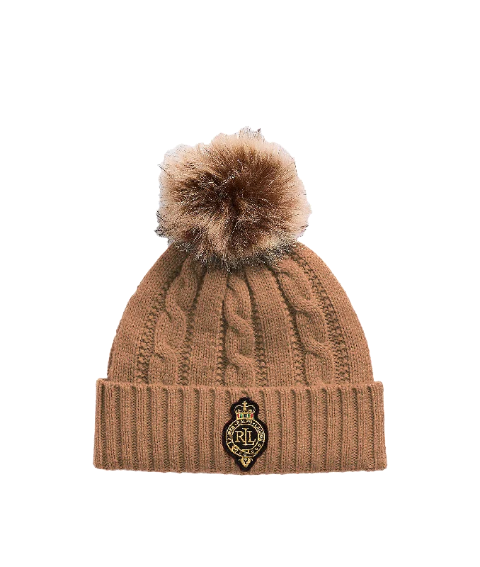 Crest-patch Pom-pom Cable-knit Beanie - Brown