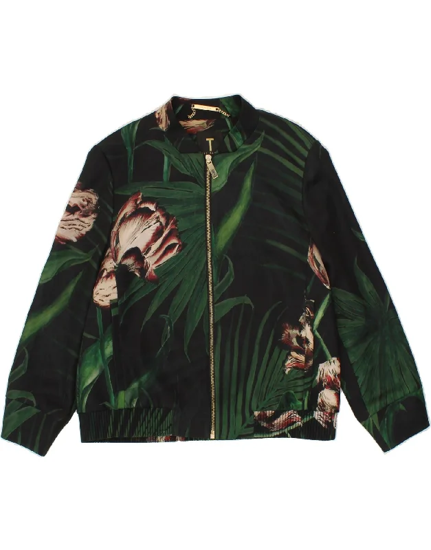 Tasseled JacketsTED BAKER Womens Bomber Jacket Size 3 Medium Black Floral Polyester