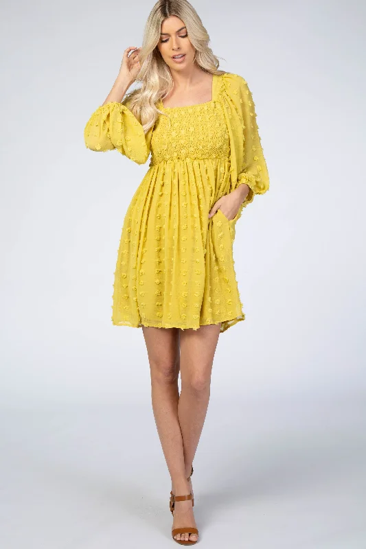 Wedding DressYellow Textured Dot Smocked Square Neck Chiffon Dress