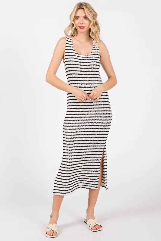 Sheath DressBlack Striped Side Slit Midi Dress