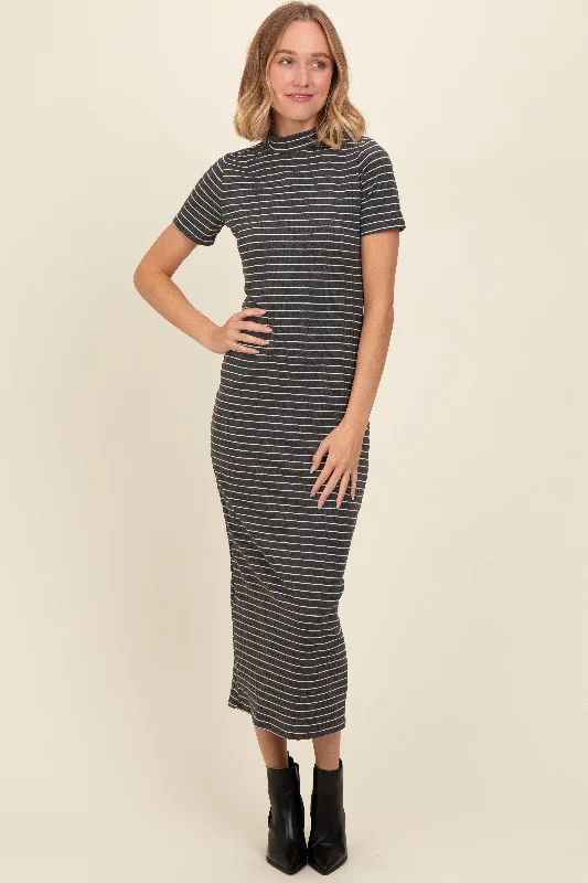 Fleece-lined DressCharcoal Striped Mock Neck Fitted Midi Dress