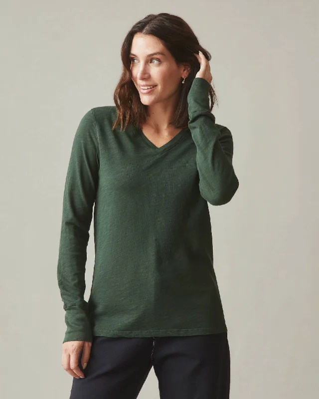 Premium Slub V-Neck Tee Long Sleeve - Green Moss