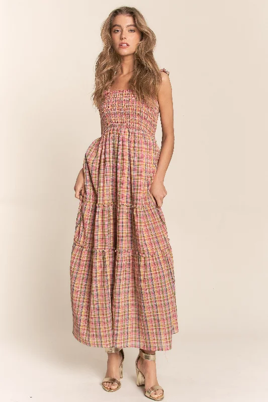 Satin DressMulti-Color Plaid Sleeveless Ruffle Maxi Dress