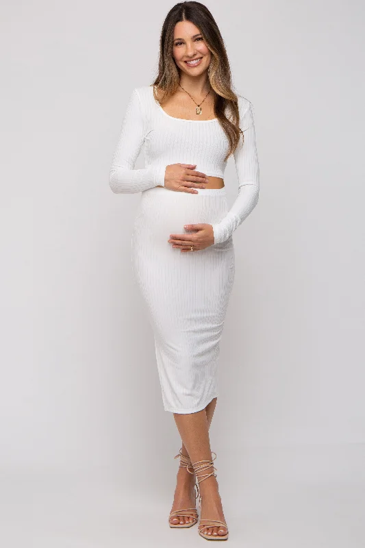 White Ribbed Maternity Crop Top Midi Skirt SetLace Skirt