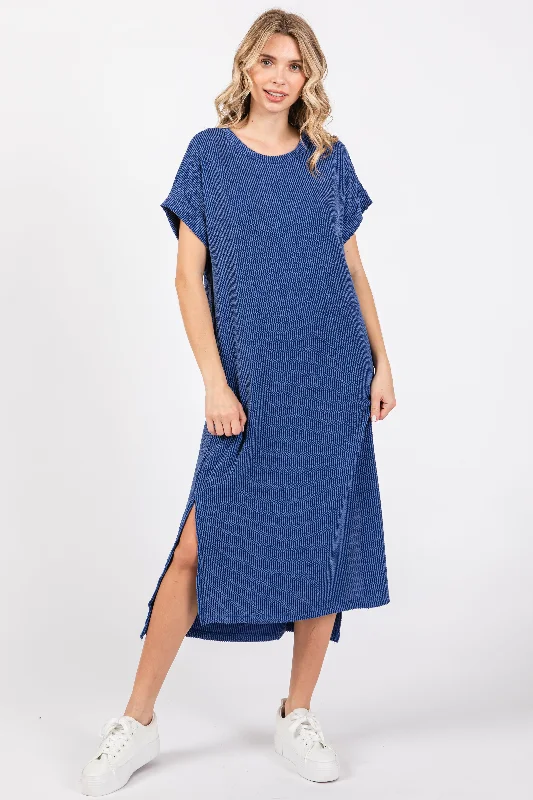 Bridal GownBlue Ribbed Short Sleeve Midi Dress