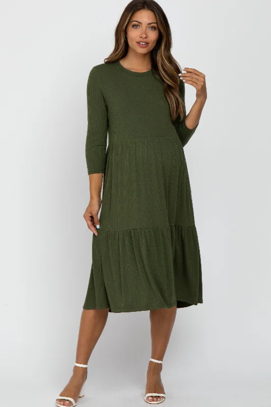 Shift DressOlive Tiered Ribbed 3/4 Sleeve Maternity Midi Dress