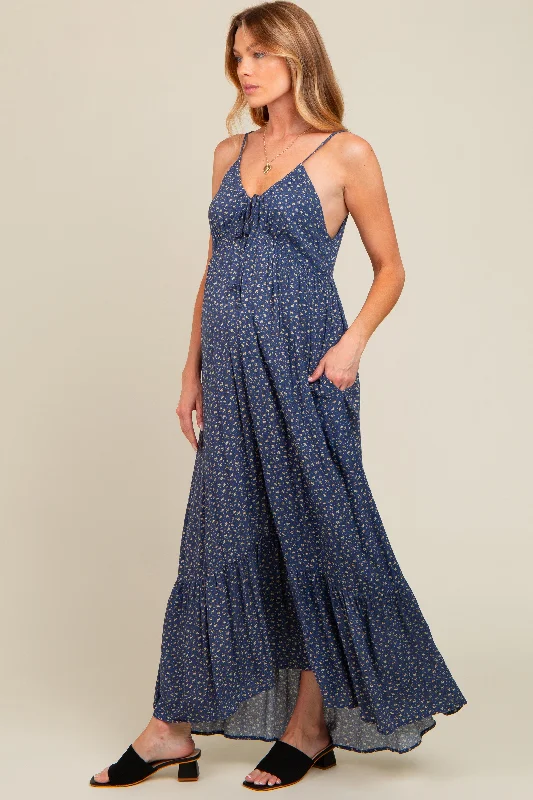 Silk DressBlue Floral Tie Front Maternity Maxi Dress