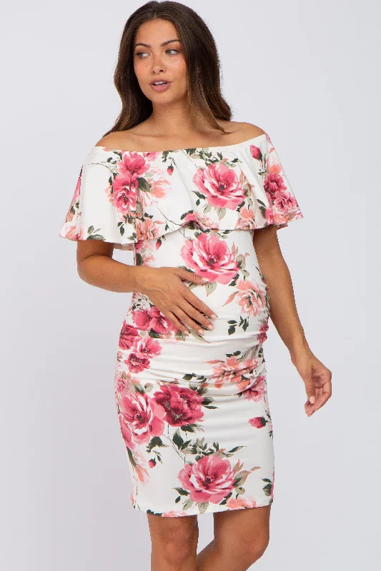 Spaghetti Strap DressCream Floral Off Shoulder Maternity Fitted Dress