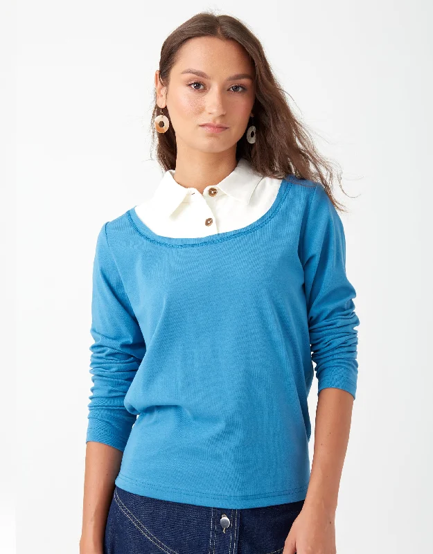 Faux Layered Top with Collar Blouse Aqua IvoryHemp Shirts