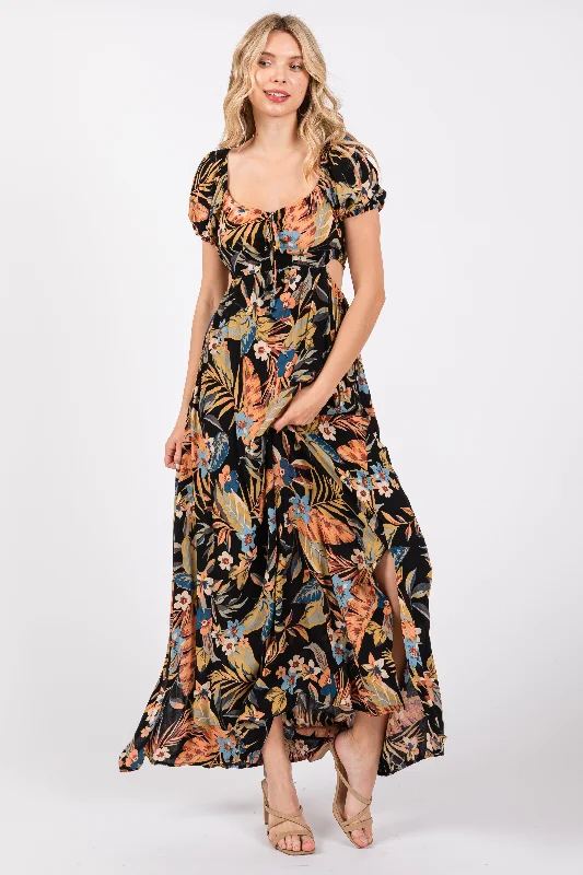 Chiffon DressBlack Floral Drawstring Front Side Cutout Maxi Dress