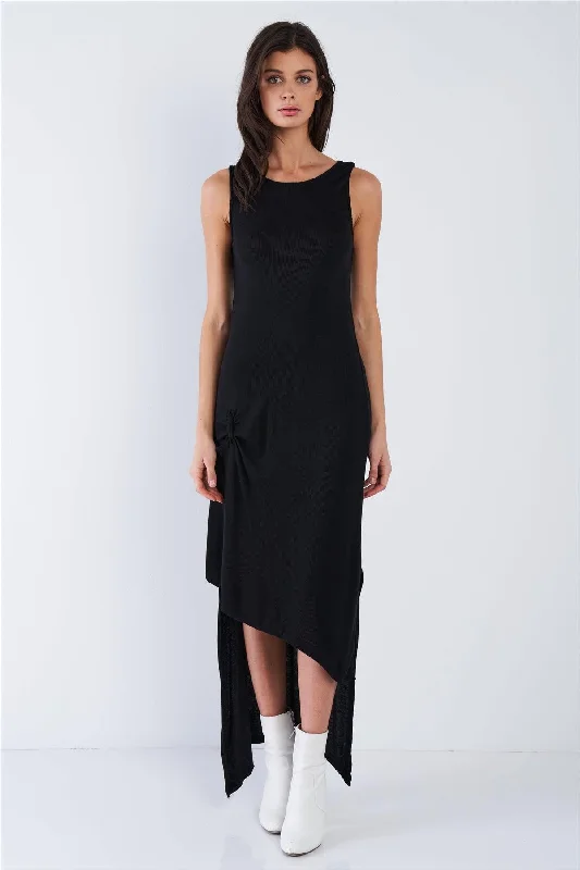 Long-sleeve DressBlack Ribbed Asymmetrical High-Low Maxi Dress /2-2-1