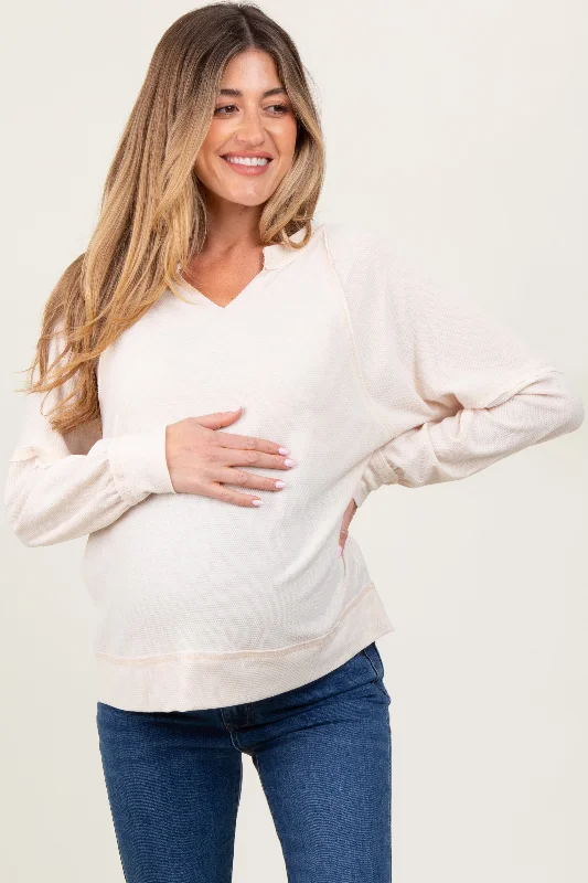 Cream Oversized V-Neck Waffle Knit Maternity Long Sleeve Top