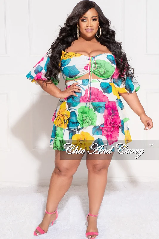 Final Sale Plus Size 2pc Drawstring Ruched Crop Top and Ruffle Skirt Set in White Multi Color Rose PrintOffice Skirt