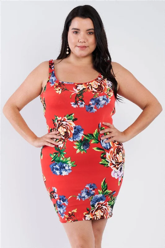 Sheath DressJunior Plus Size Tomato Red Floral Print Scoop Back Cinched Center Mini Dress