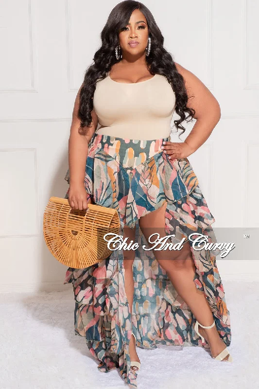 Final Sale Plus Size Chiffon High/Low Ruffle Tiered Skirt in Multi Color Design PrintPetticoat