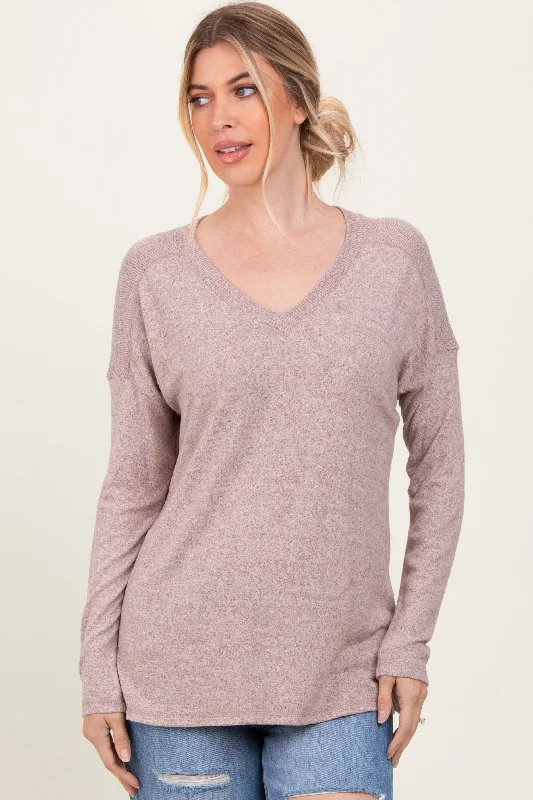 Beige Basic V-Neck Long Sleeve Brushed Knit Top