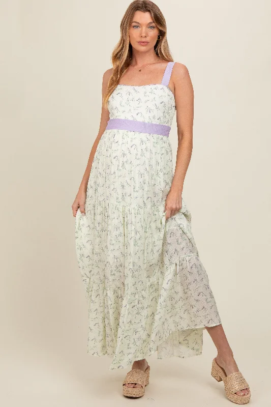 Tactical DressLavender Floral Contrast Sash Tie Maternity Maxi Dress