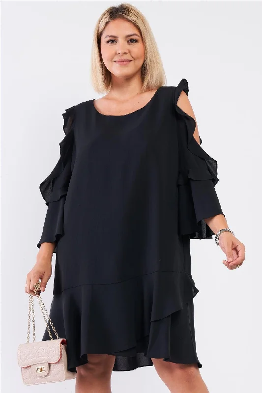 Tennis DressJunior Plus Black Midi Sleeve Flare Hem Layered Bottom Off-The-Shoulder Mini Dress /1-1-1