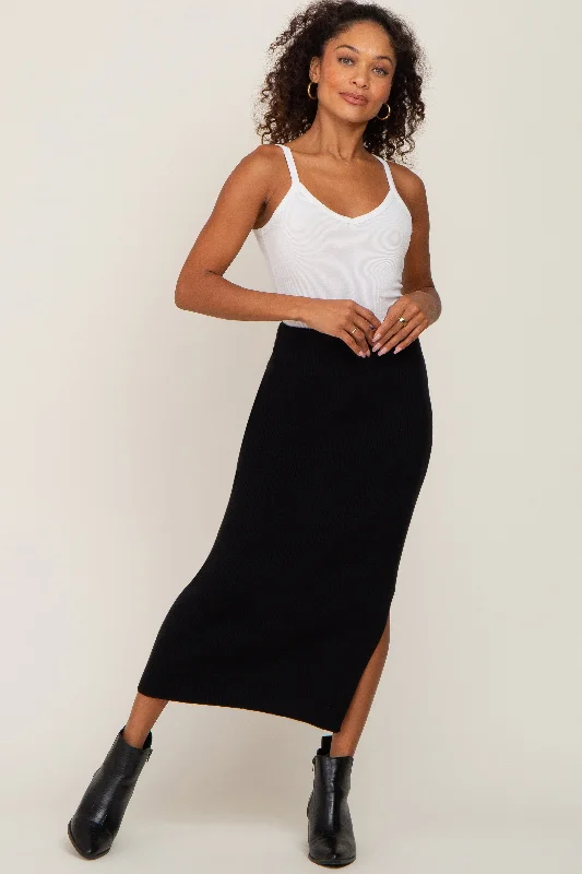 Black Ribbed Knit Side Slit Midi SkirtMidi Skirt