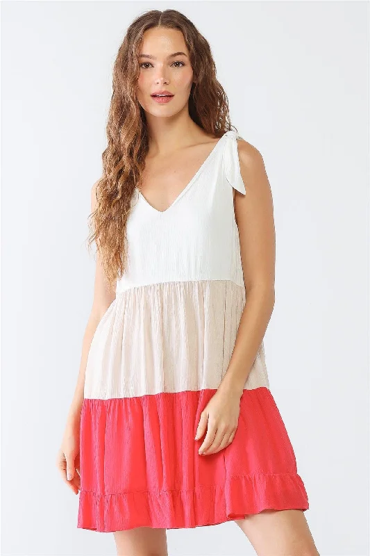 Dirndl DressWhite & Coral Colorblocked Textured V-Neck Sleeveless Mini Dress /2-2-2