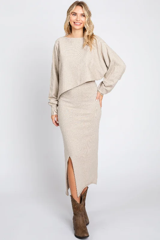 Beige Knit Long Sleeve Crop Top Midi Skirt SetEvening Skirt