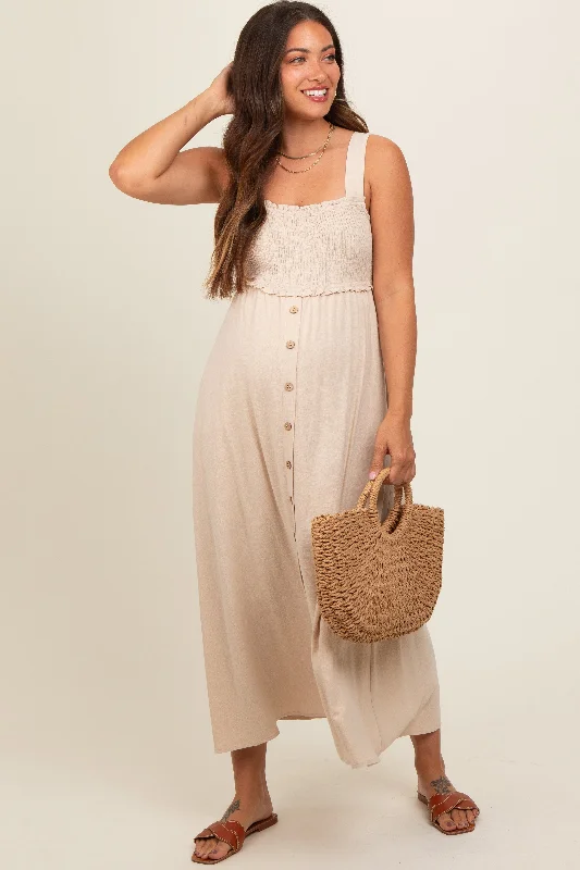 Bodycon DressBeige Button Down Smocked Maternity Dress