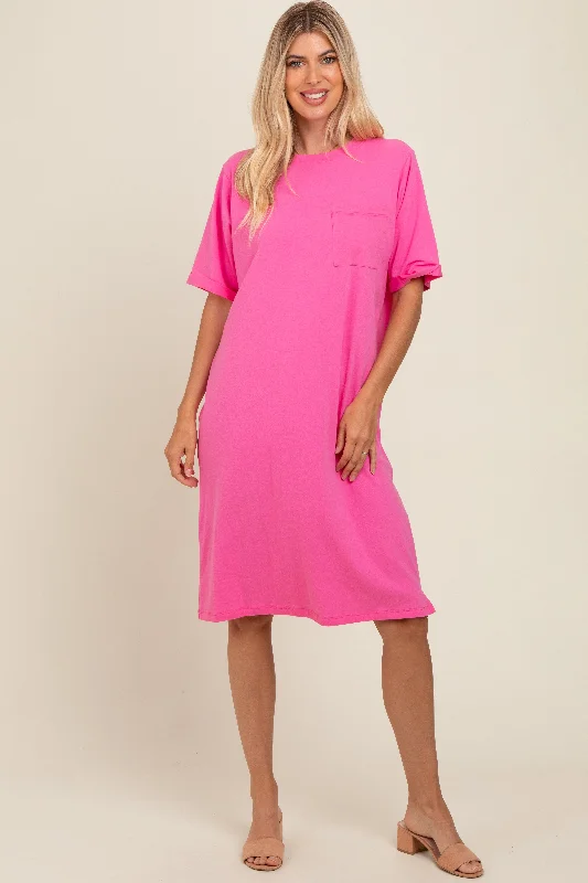 Puff-sleeve DressPink Oversized Round Neck T-Shirt Dress