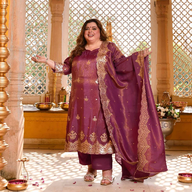 Berry Divine-Purple Pure Tissue Silk Embroidered Suit Set