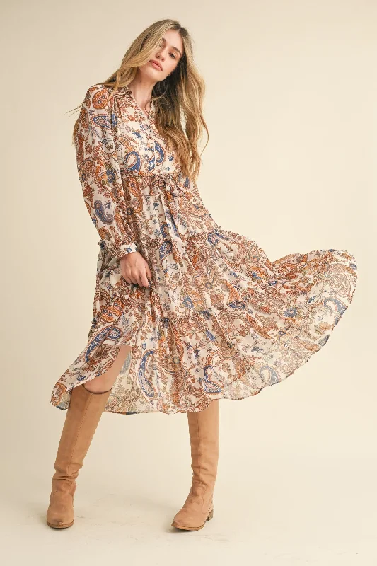 Short-sleeve DressCream Paisley Print Button Down Midi Dress