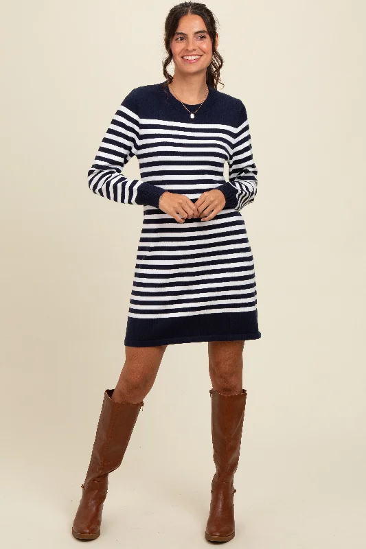 Navy Striped Long Sleeve Knit Mini Dress