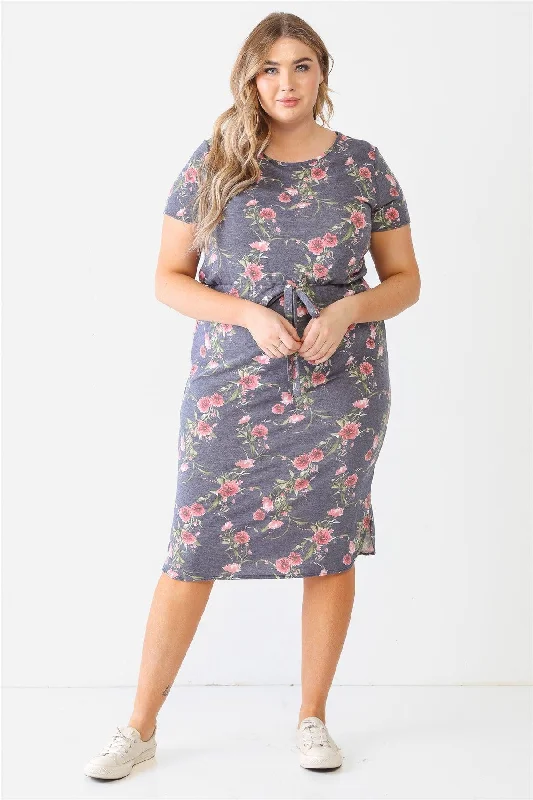 Business DressJunior Plus Grey Flower Short Sleeve Crew Neck Midi Dress /1-1-1