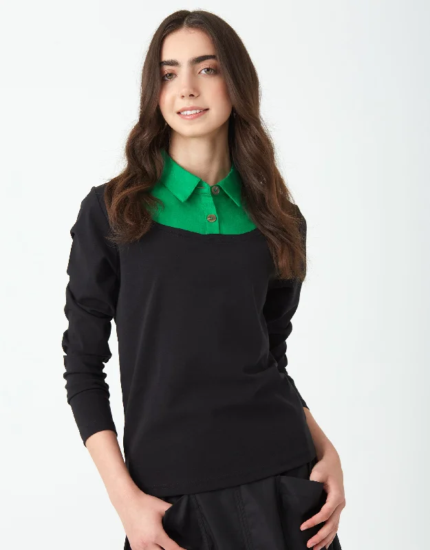 Faux Layered Top with Collar Blouse Black Black GreenRayon Shirts