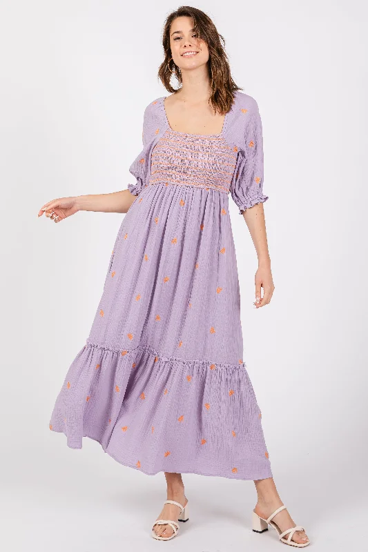 Midi DressLavender Gauze Smocked Embroidered Square Neck Midi Dress