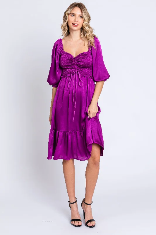 Office DressPlum Satin Smocked Ruffle Hem Dress