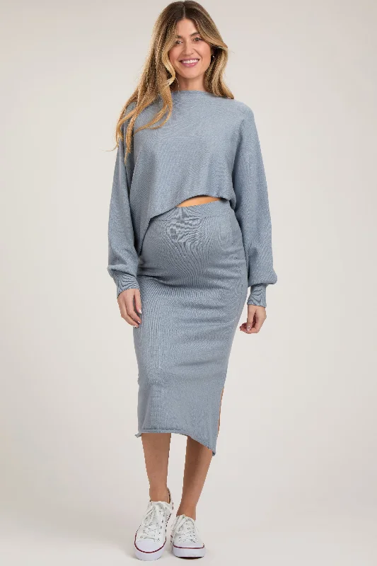 Light Blue Long Sleeve Crop Top Maternity Midi Skirt SetProm Skirt