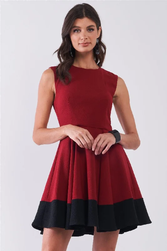 Strapless DressWine Red & Black Hem Detail Sleeveless A-Line Flare Mini Dress /2-3-1