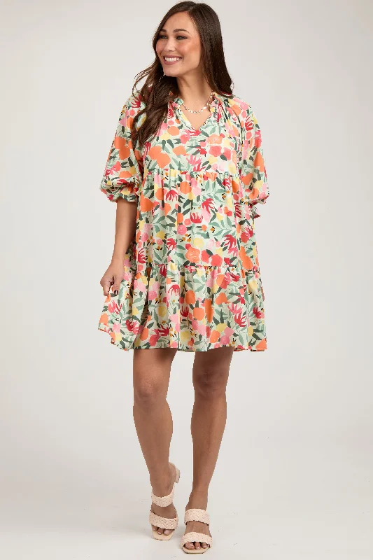 Peach Fruit Print Long Sleeve Tiered Maternity Dress