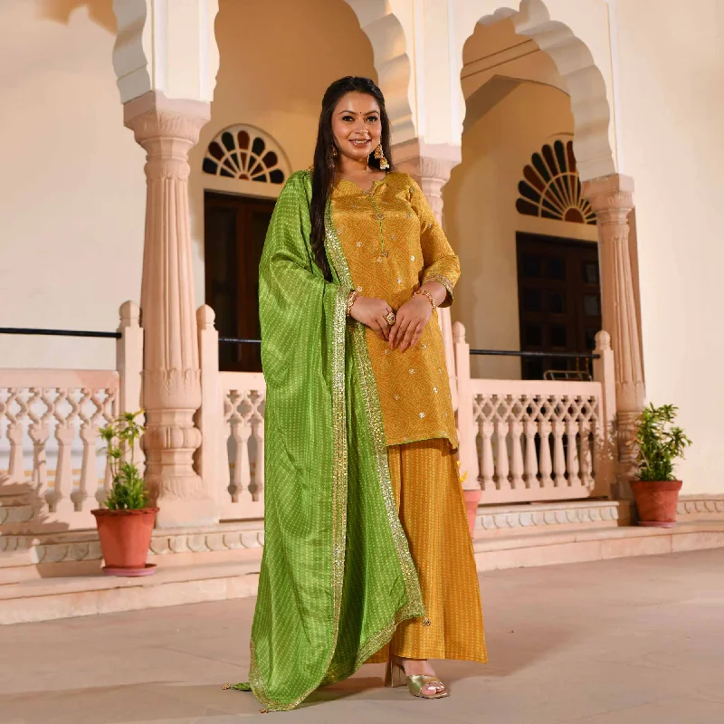 Spicy Lemon Bandhani Pure Tissue Silk Suit Set