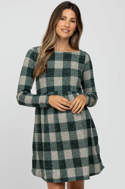 Retro DressForest Green Plaid Knit Maternity Dress