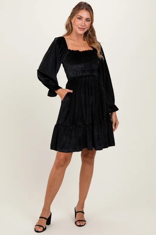 Black Velvet Smocked Long Sleeve Dress