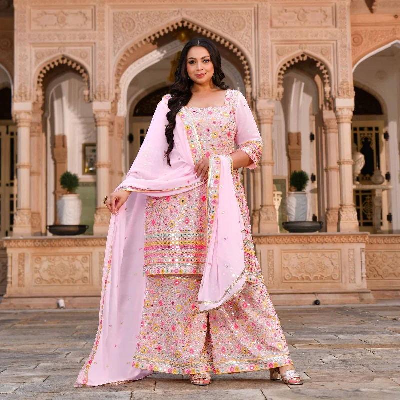 Jewel On Pink Georgette Mirror Embroidered Suit Set