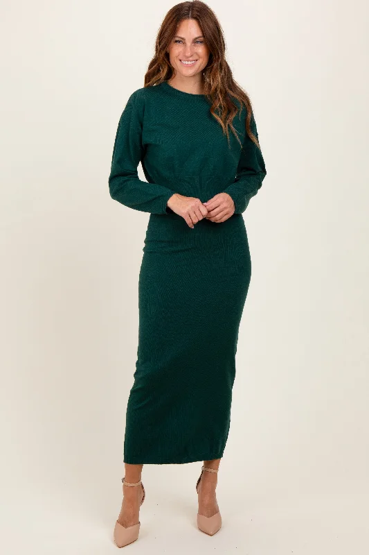 Forest Green Knit Midi Skirt Sweater SetRetro Skirt